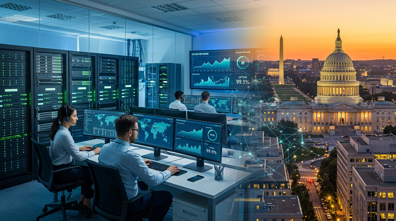 Managed IT services network operations center overlooking Washington DC skyline