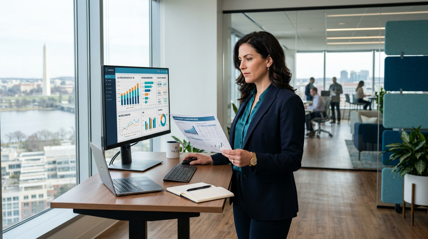 Business owner at a standing desk reviewing IT budget documents and dashboard metrics in a modern office