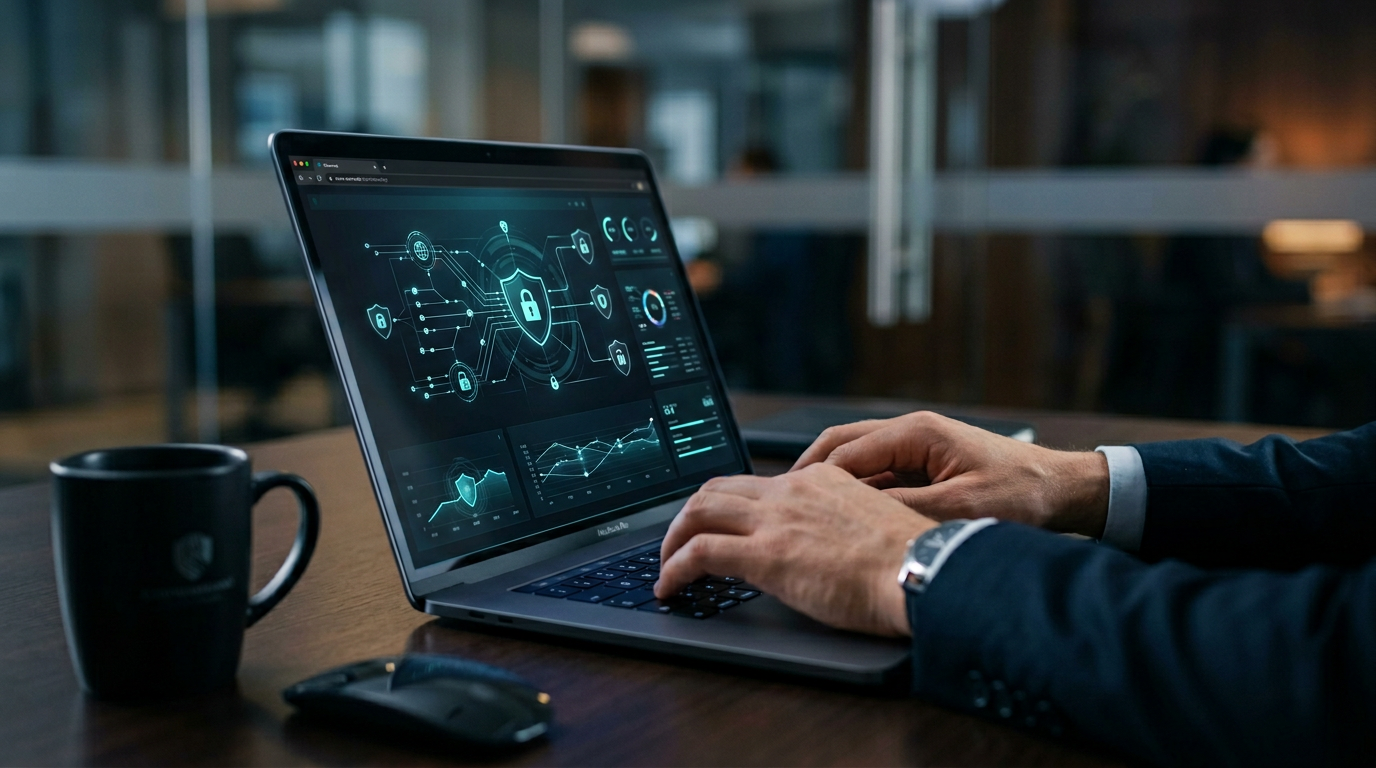 Business professional reviewing cybersecurity dashboard with network protection interfaces on laptop