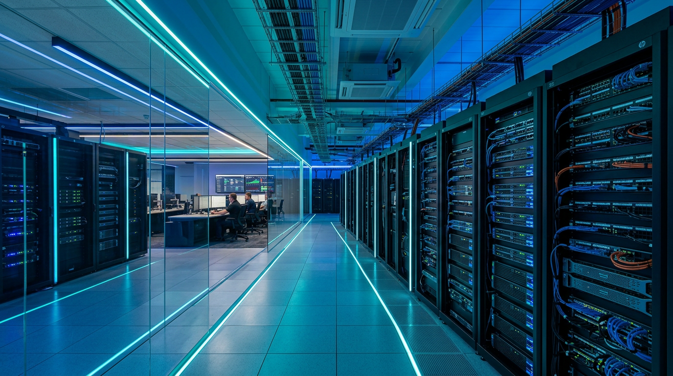 Modern data center server room with blue lighting and organized server racks for business IT infrastructure