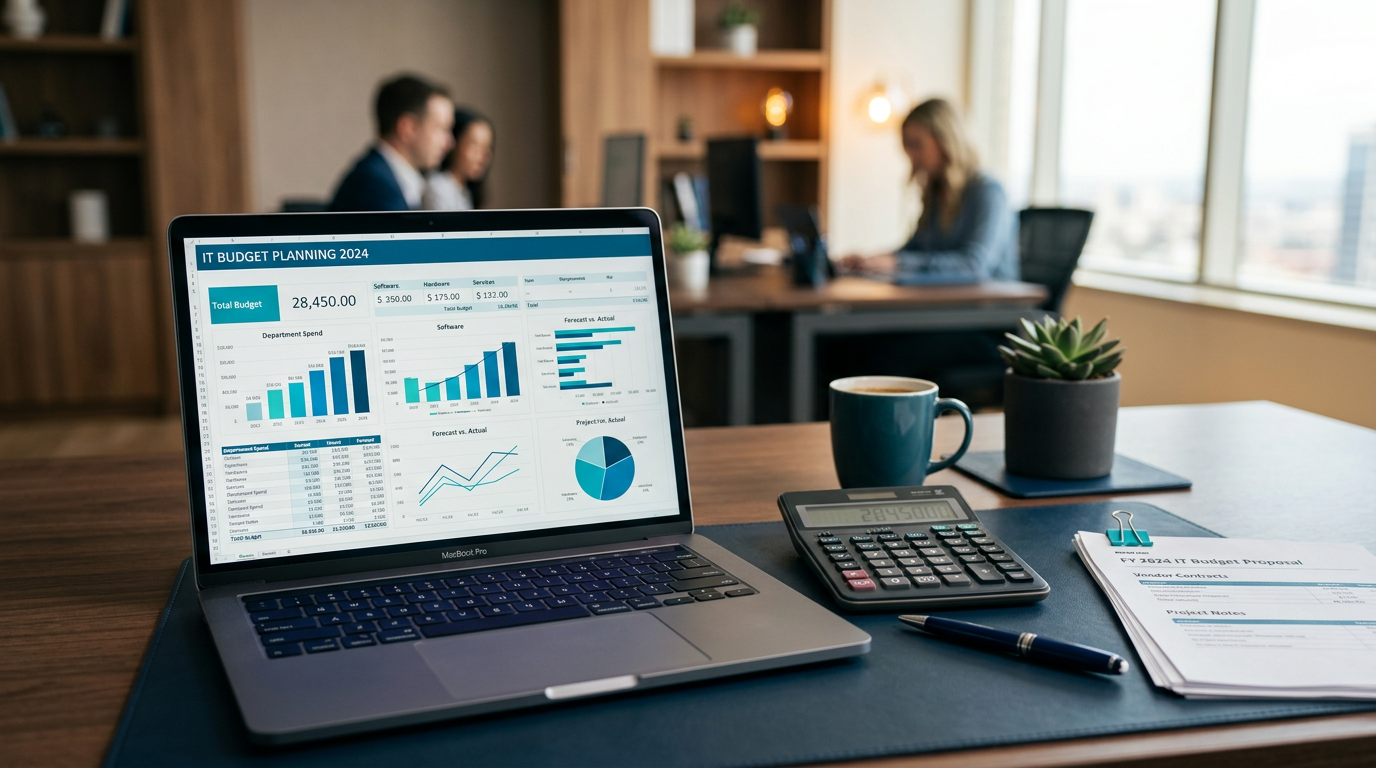 Laptop displaying IT budget planning charts and financial data on a modern office desk
