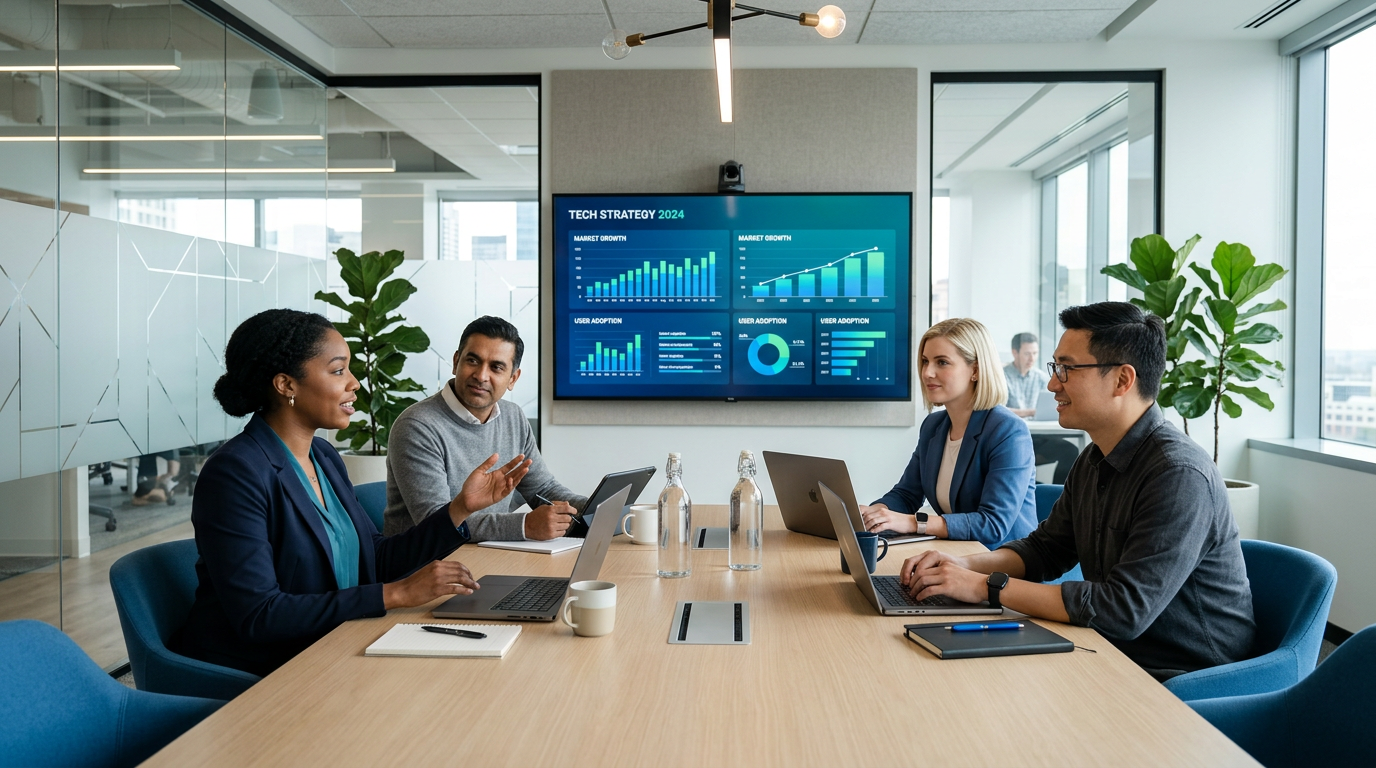 Business team in a modern office meeting room discussing technology strategy with laptops and charts