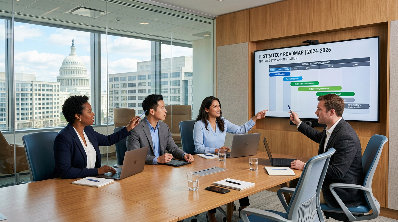 Business team reviewing IT strategy roadmap with their managed services provider