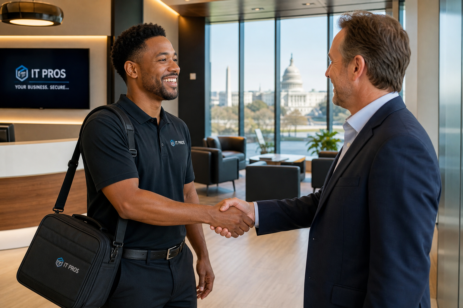 IT support technician shaking hands with business owner in Washington DC office lobby