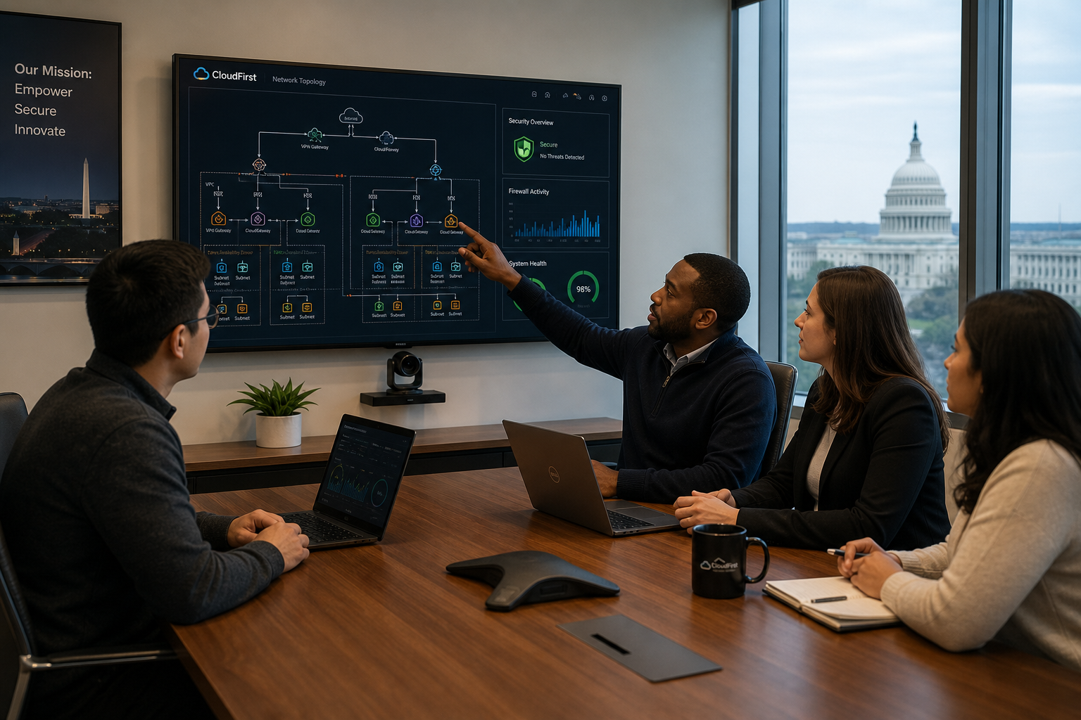 IT team evaluating network design and security metrics in an office in Washington DC