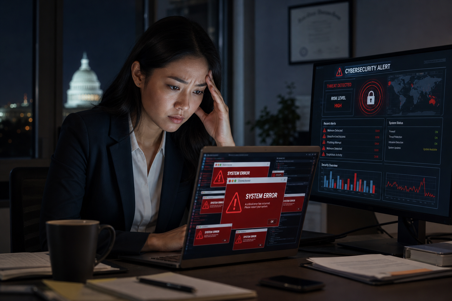 Businessman with computer system error problems and cyber security warning on laptop in DC office