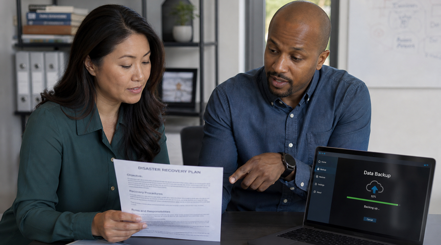 business owner and IT manager reviewing a disaster recovery plan and data backup status on a laptop