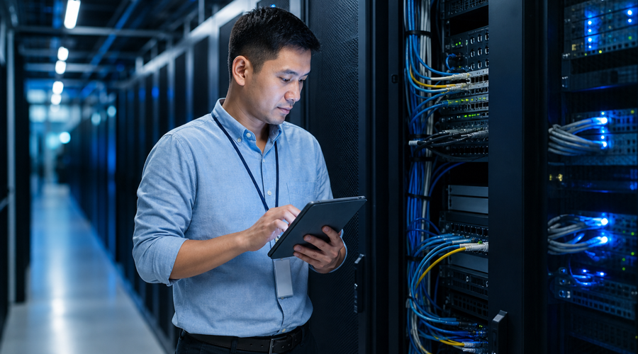 technician checking cloud backup and failover servers in a data center for disaster recovery