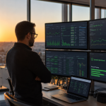 business continuity and disaster recovery — IT professional monitoring backup and systems-operational dashboards in a Washington DC office at dusk