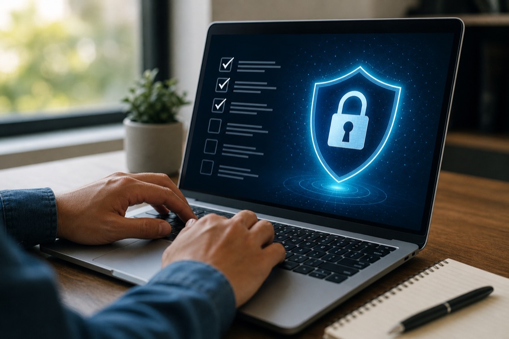CMMC compliance gap assessment checklist on a laptop