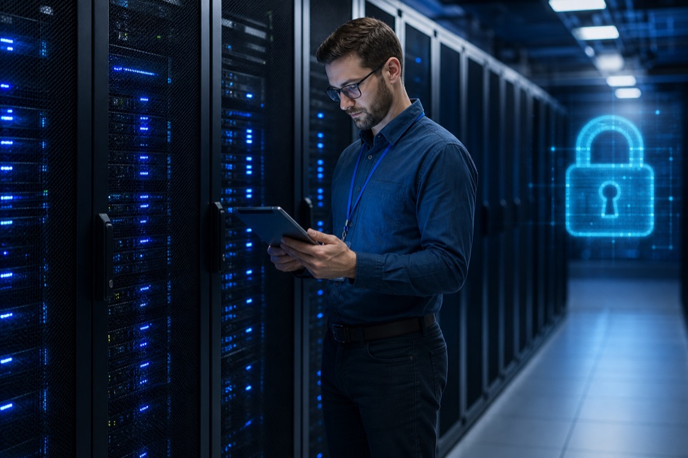Technician protecting Controlled Unclassified Information in a data center for CMMC compliance
