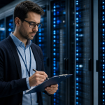 CMMC compliance checklist being reviewed in a secure data center