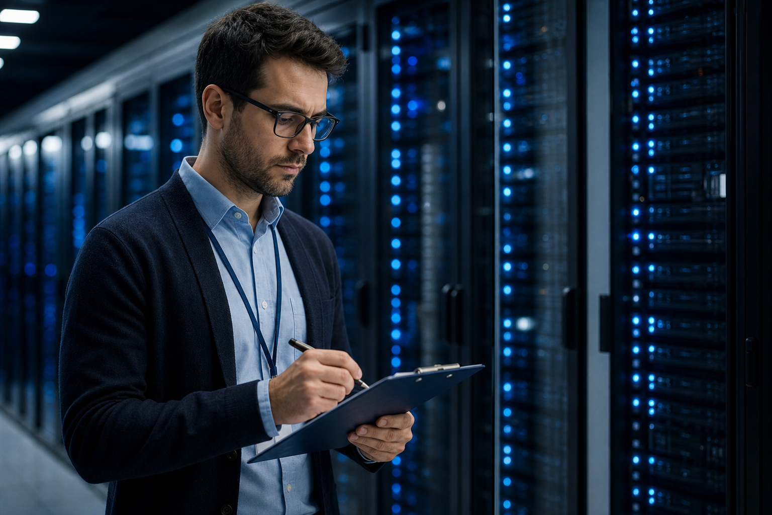 CMMC compliance checklist being reviewed in a secure data center