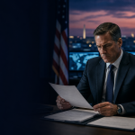Defense contractor executive reviewing compliance documents after the Department of War suspended CMMC Phase II requirements