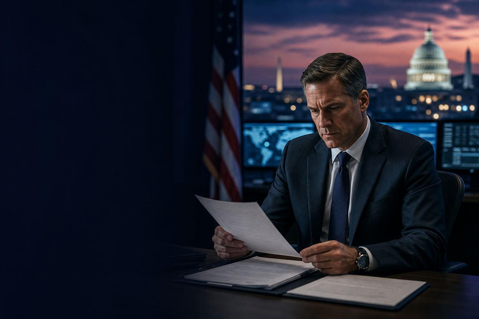 Defense contractor executive reviewing compliance documents after the Department of War suspended CMMC Phase II requirements